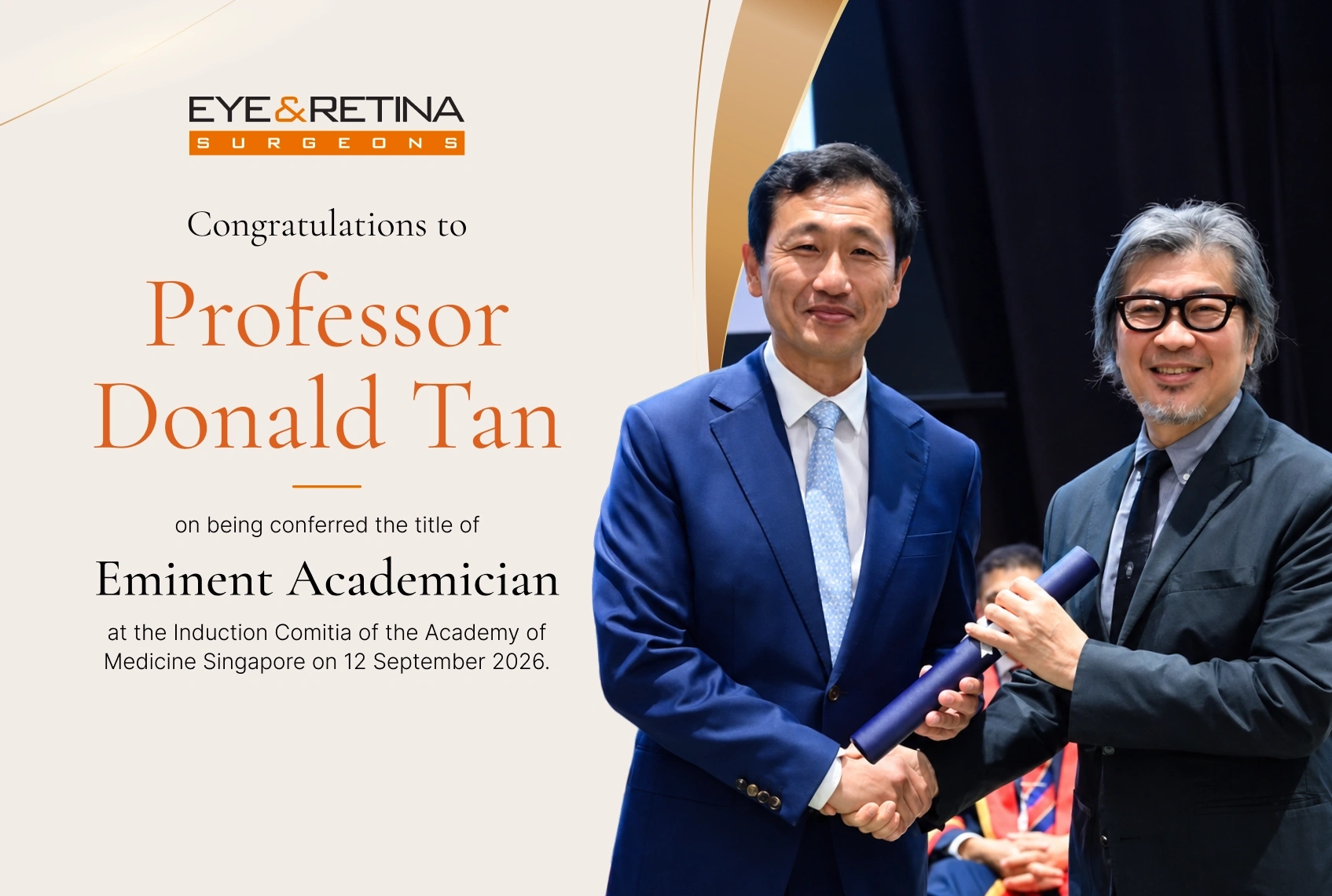 Professor Donald Tan receiving the Eminent Academician award certificate at the Academy of Medicine Singapore Induction Comitia